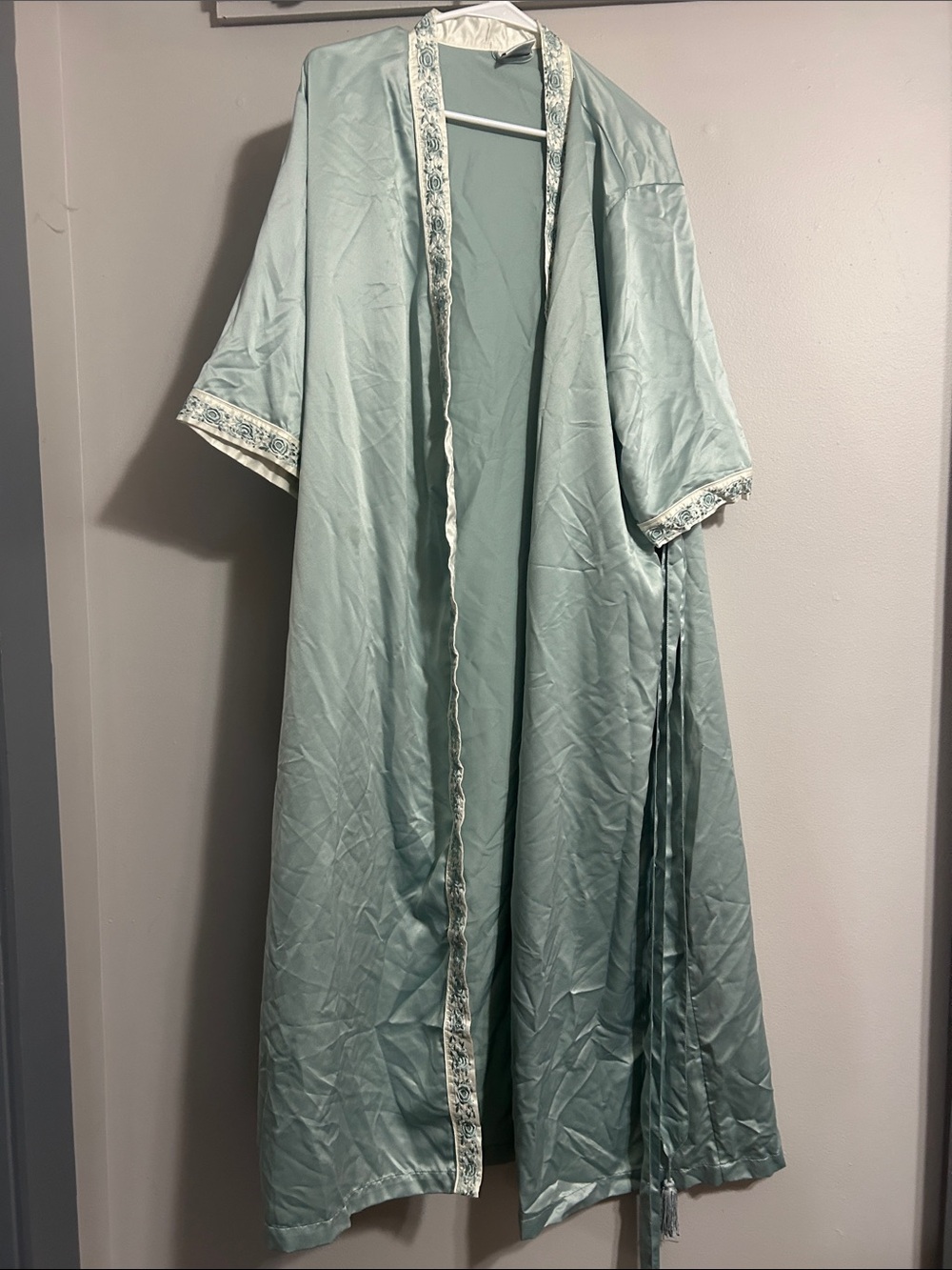 Cabernet Light Sage Satin Robe with Embroidered Trim